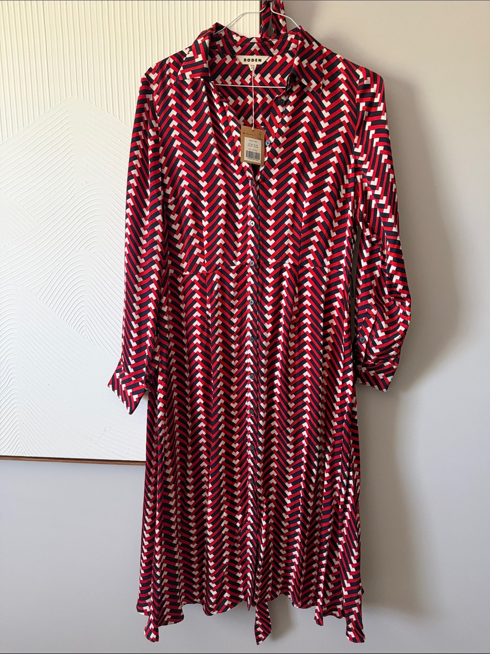 Boden Red, White and Navy Chevron Midi Shirt Dress sz 12 NWT!